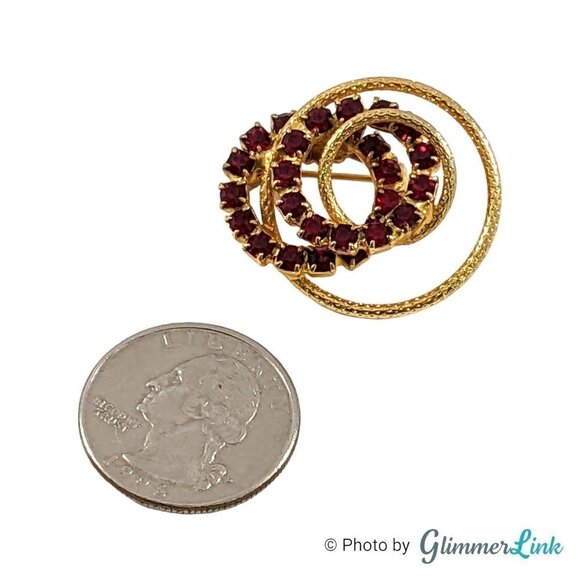 Vintage Double Circles Spiral Red Rhinestones Gold Tone Brooch - Picture 4 of 8